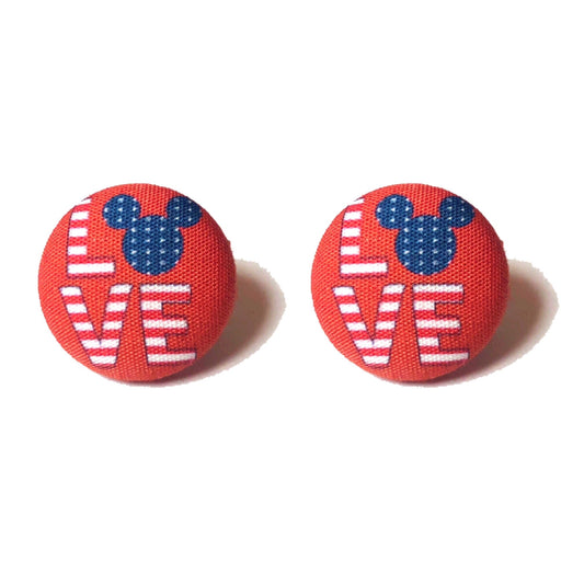 Red America Mouse Love Fabric Button Earrings
