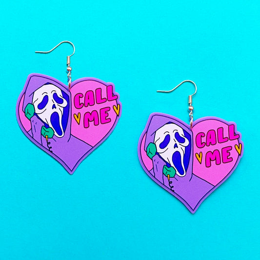 Pastel Call Me Ghost Face Scream Inspired Heart Acrylic Drop Earrings