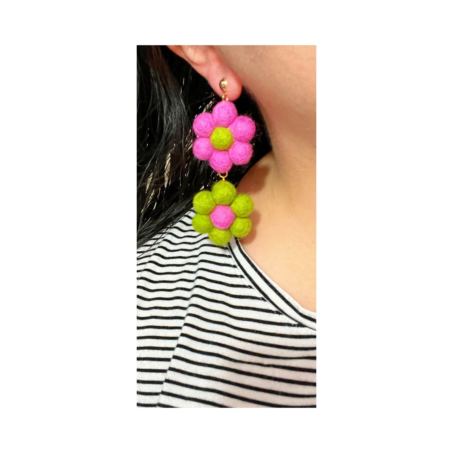 Pink & Lime Green Double Flower Wool Felt Drop Earrings