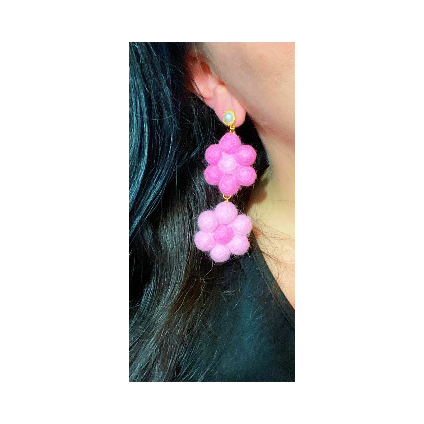 Pink & Blush Double Flower Wool Felt Drop Earrings