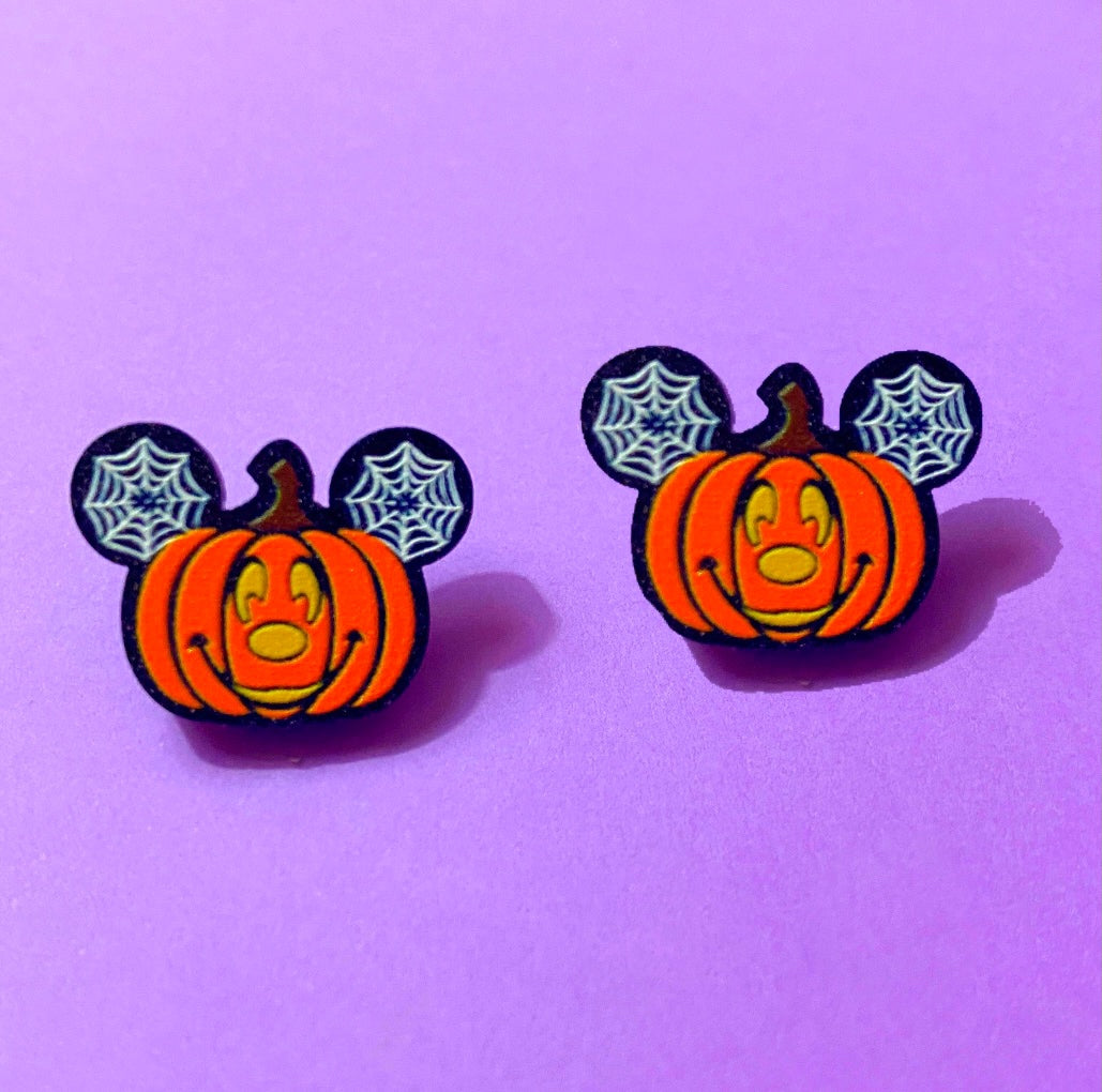 Mouse Pumpkin Spiderweb Ears Jack-O-Lantern Post Earrings