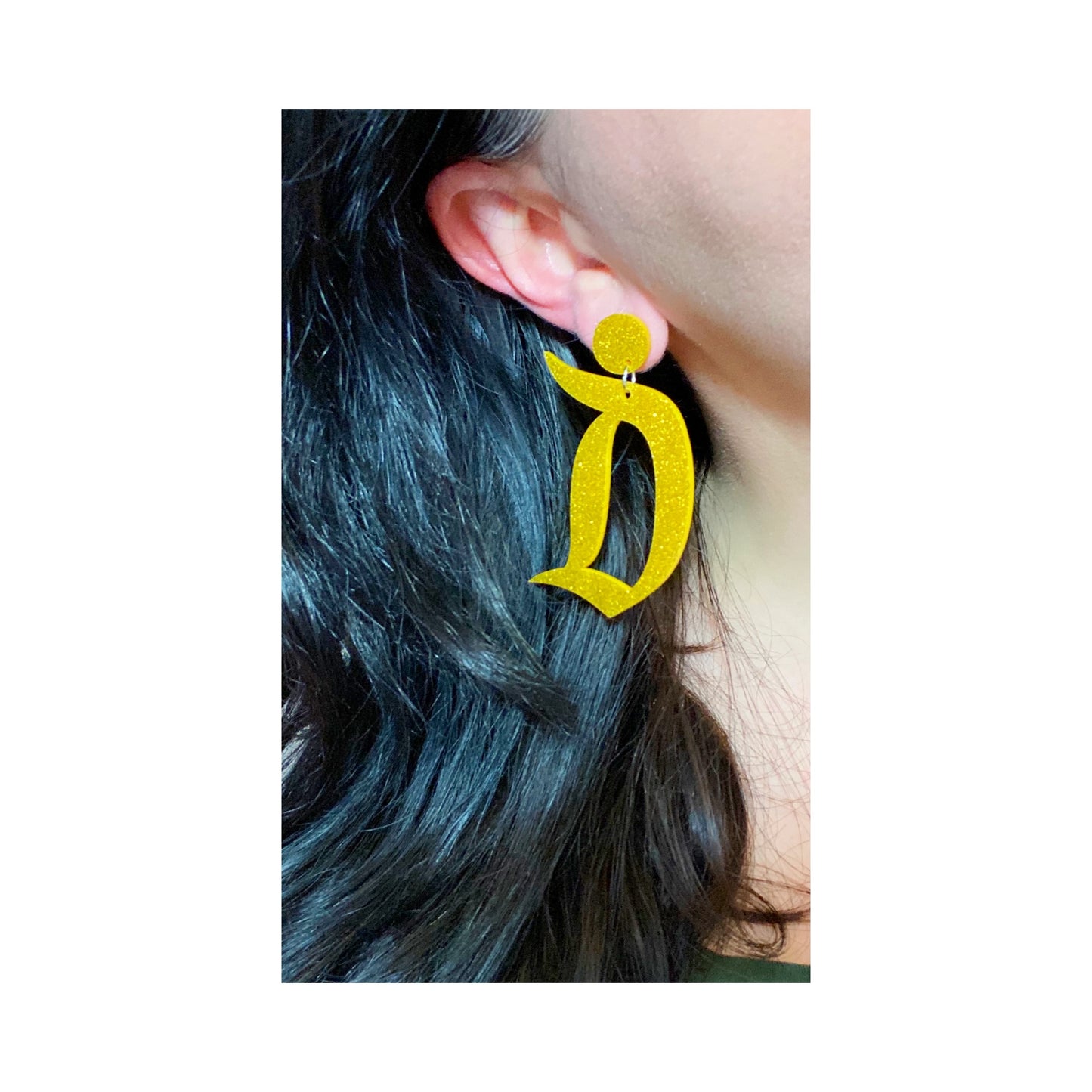 Gold Sparkle Acrylic Retro “D” Drop Earrings