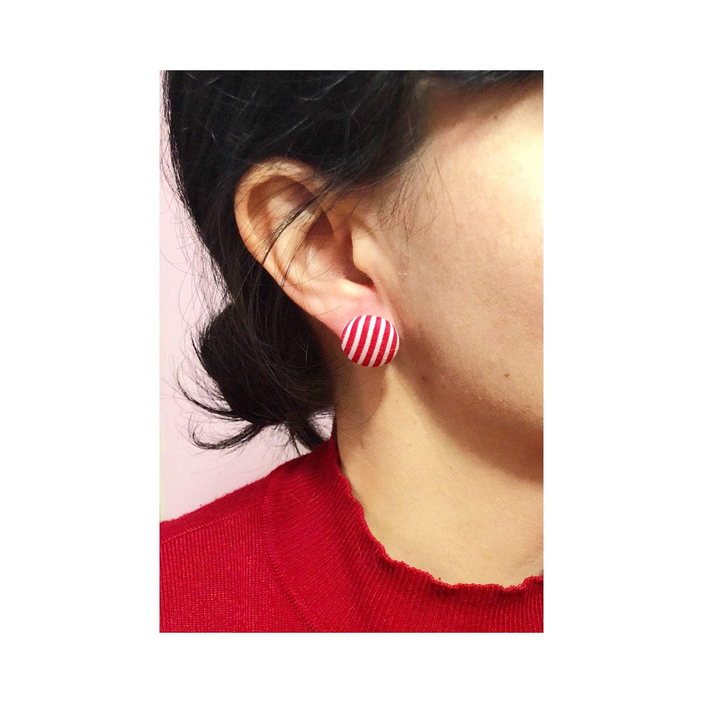 Red & White Stripe Fabric Button Earrings