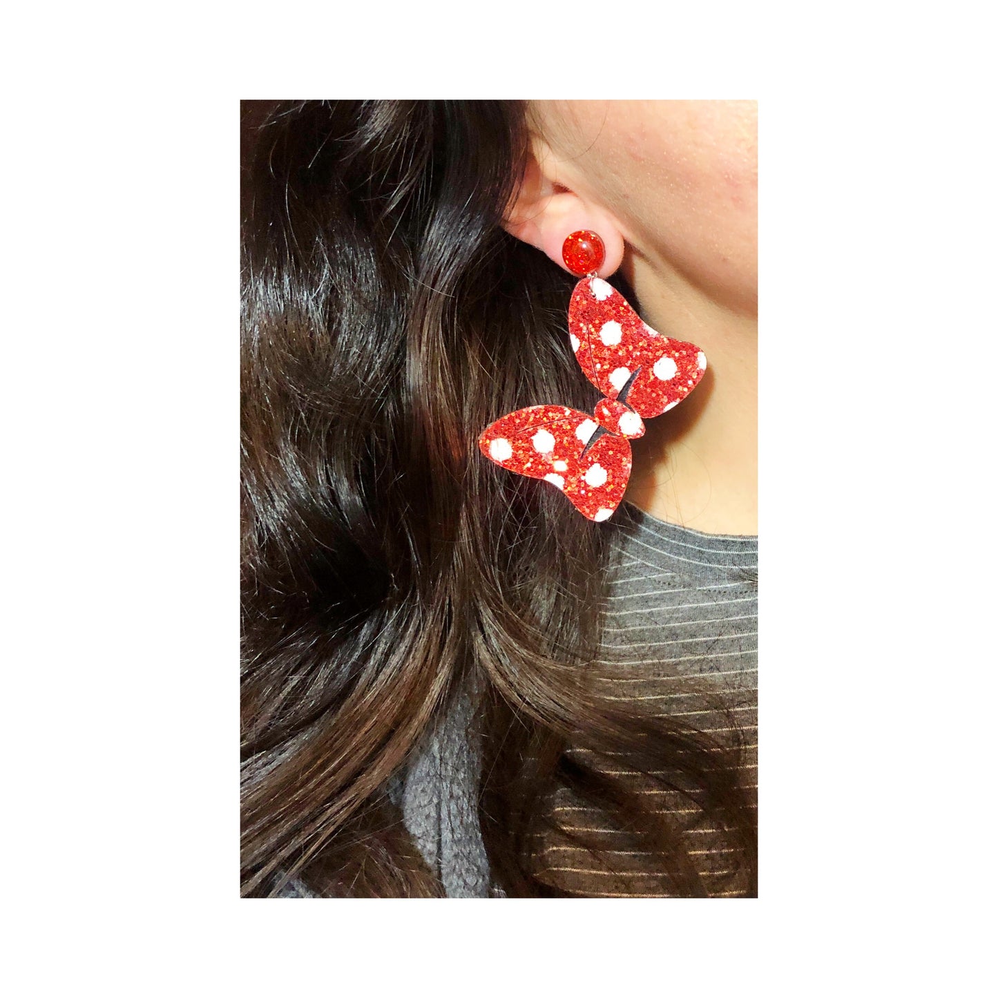 Red Sparkle Mouse Bow Drop Earrings