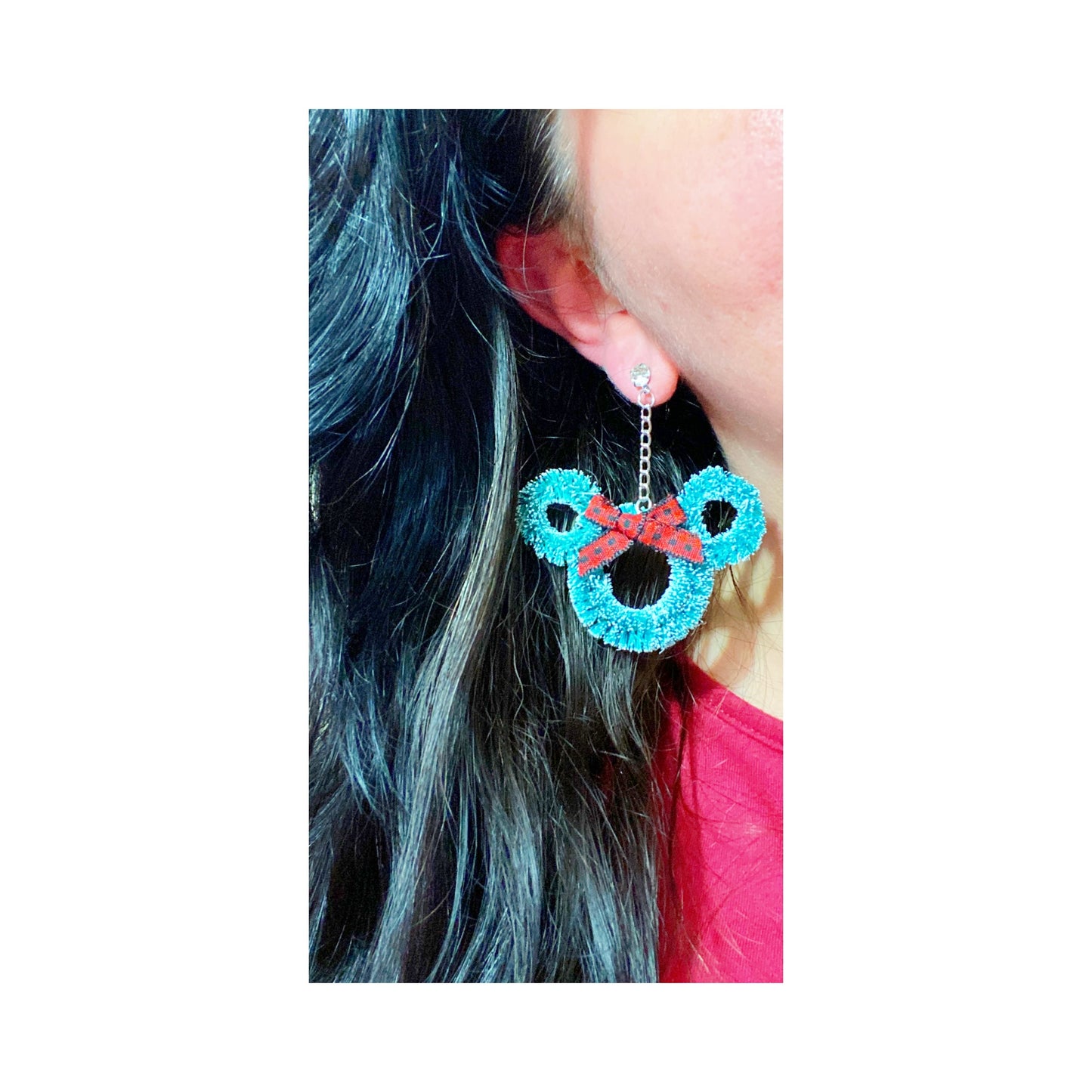 Mouse Wreath Red Plaid Bow Hanging Drop Earrings