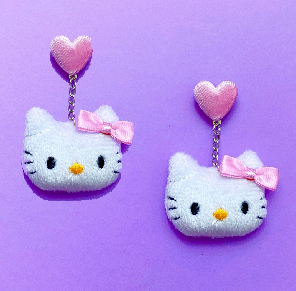 Kitty Pink Bow Heart Pom Pom Hanging Drop Earrings