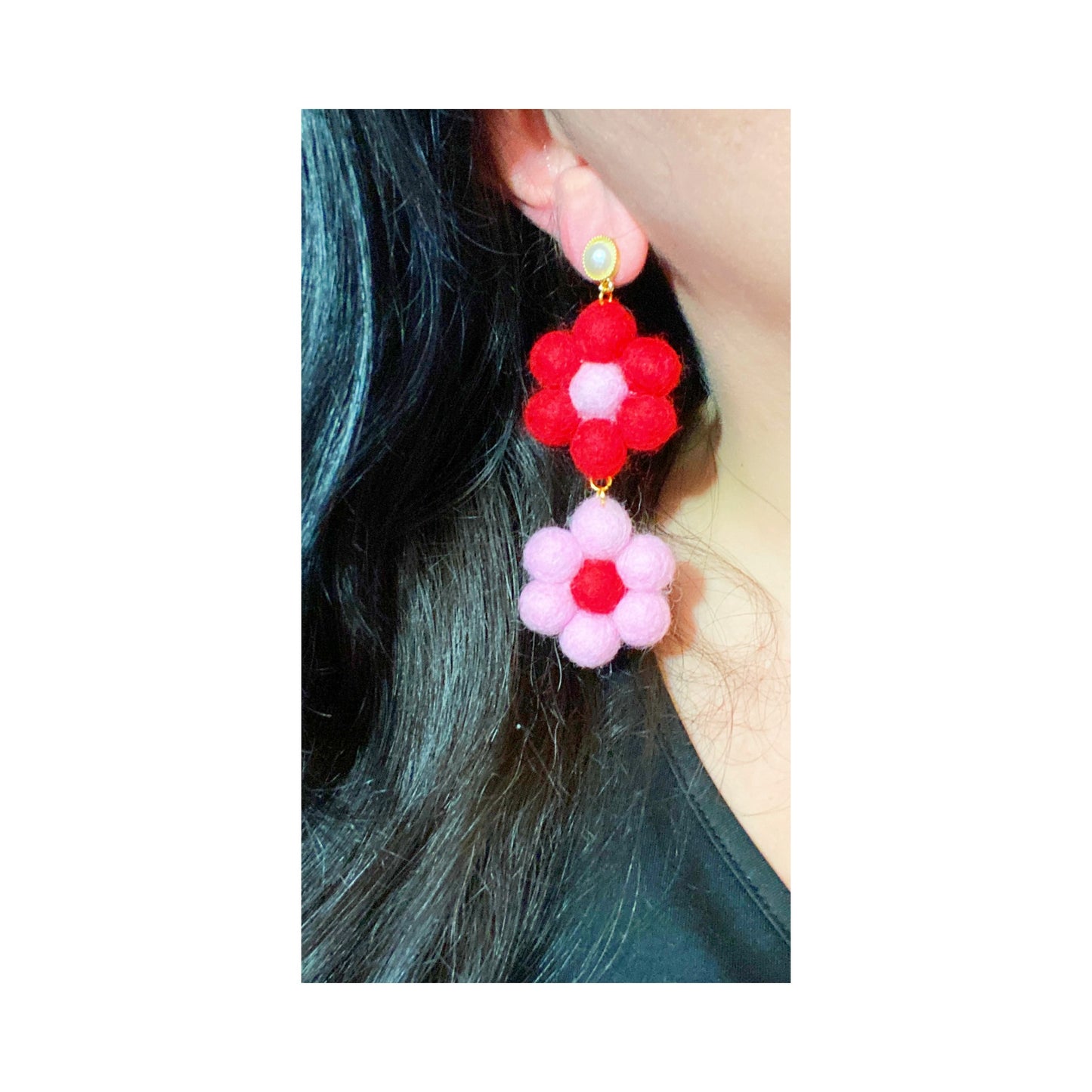 Red & Pink Double Flower Wool Felt Drop Earrings