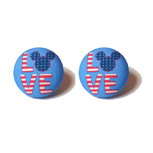 Blue America Mouse Love Fabric Button Earrings