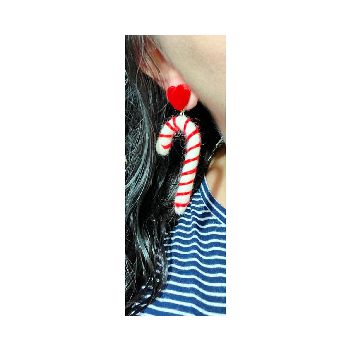 Red & White Heart & Candy Cane Wool Felt Drop Earrings