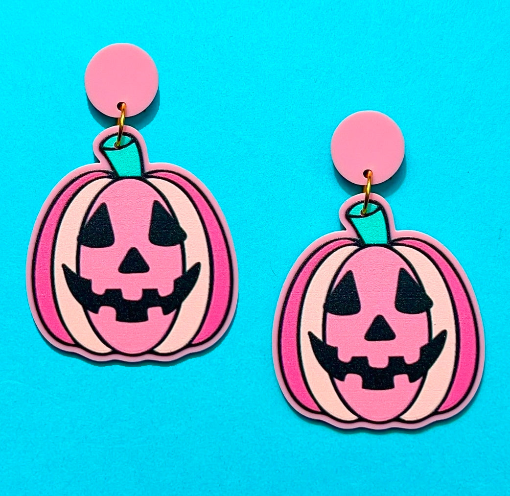 Pink Pastel Pumpkin Jack-O-Lantern Flower Drop Earrings