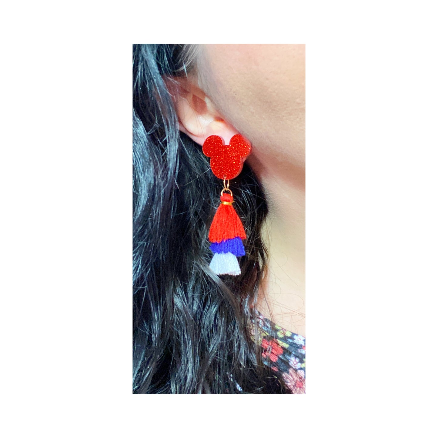 Red, White & Blue Sparkle Mouse Triple Layer Tassel Drop Earrings