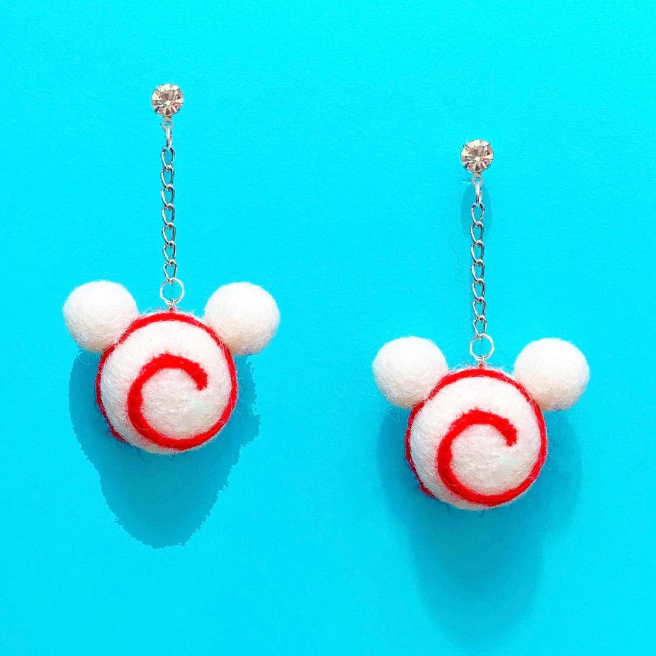 White & Red Swirl Holiday Mouse Pom Pom Wool Felt Drop Earrings