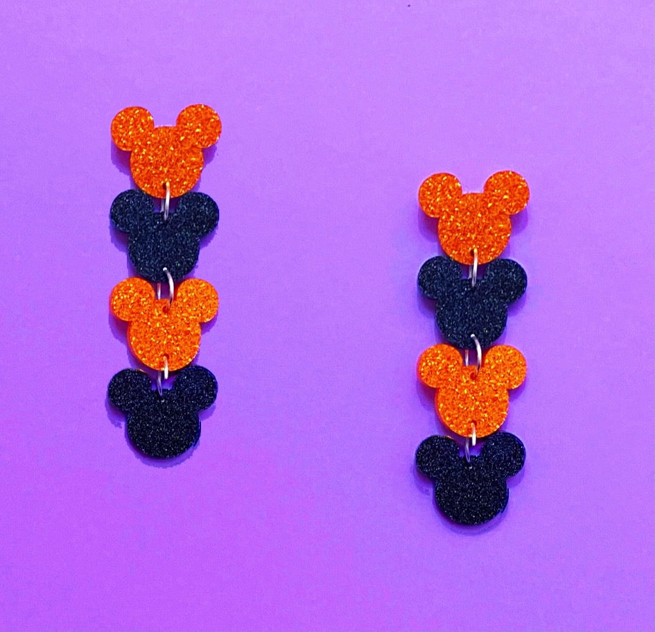 Sparkle Orange & Black Halloween Mouse 4 Tier Drop Earrings
