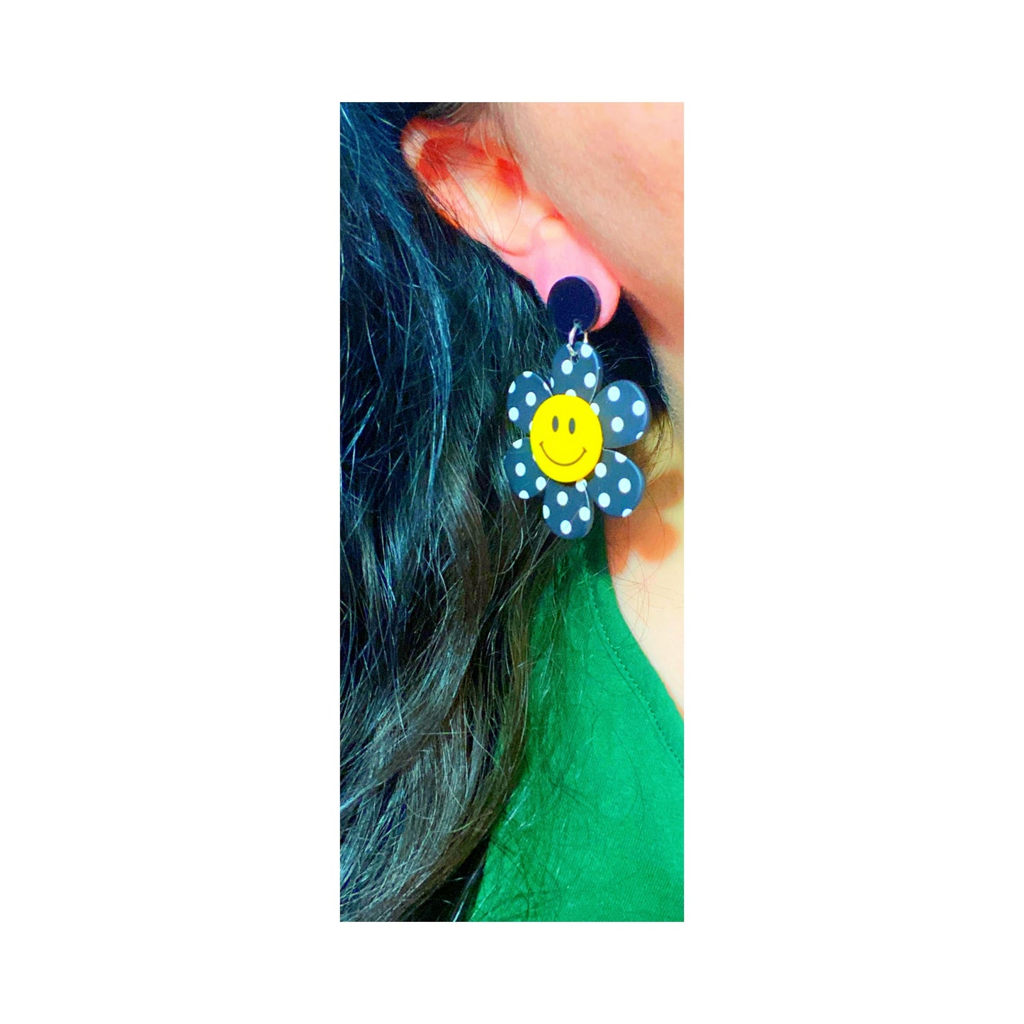 Black & White Polka Dot Flower Smiley Face Acrylic Drop Earrings