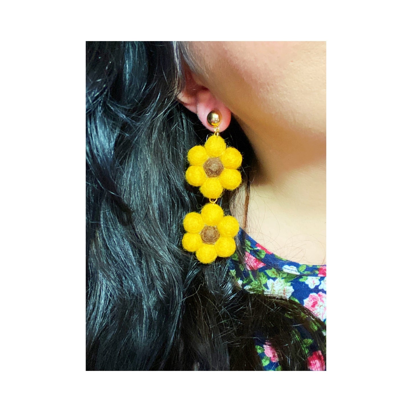 Sunflower Wool Felt Double Flower Drop Earrings