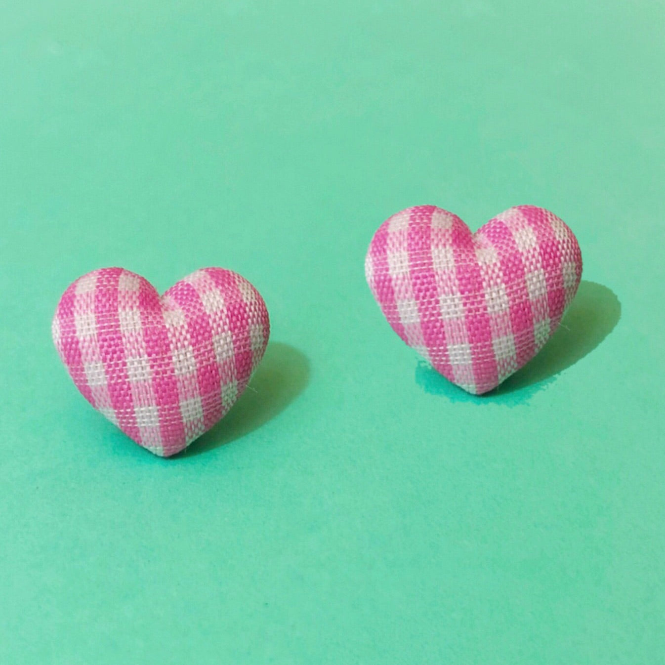 Pastel Pink Gingham Heart Fabric Button Earrings