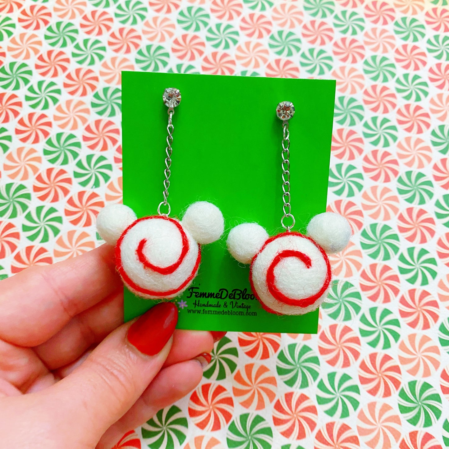 White & Red Swirl Holiday Mouse Pom Pom Wool Felt Drop Earrings