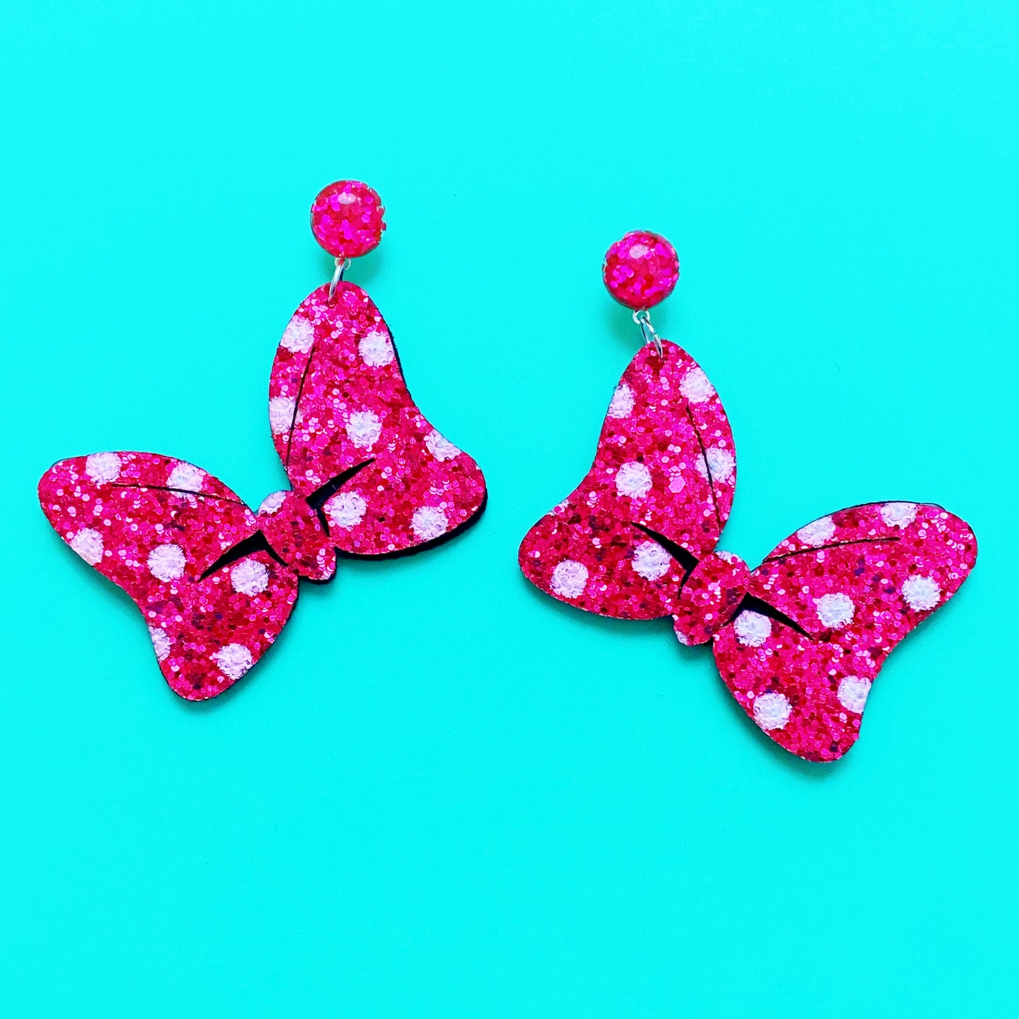 Hot Pink Sparkle Polka Dot Bow Drop Earrings