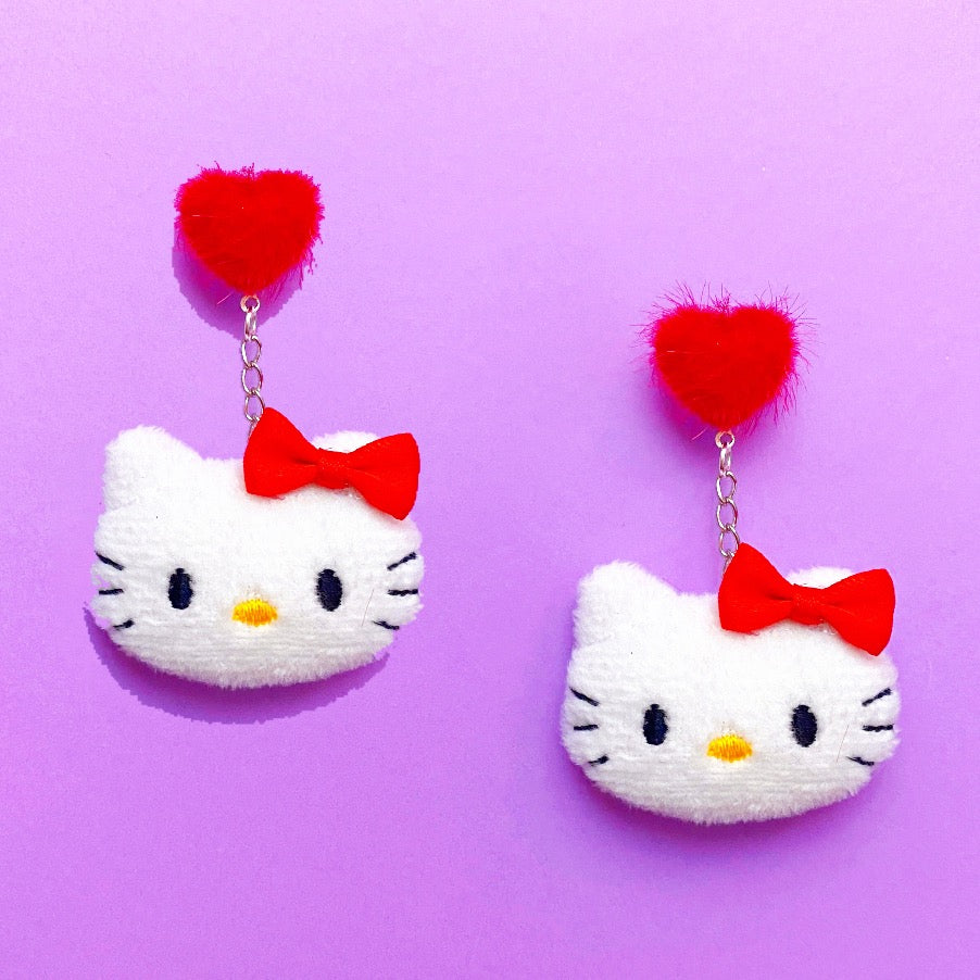 Kitty Red Bow Heart Pom Pom Hanging Drop Earrings