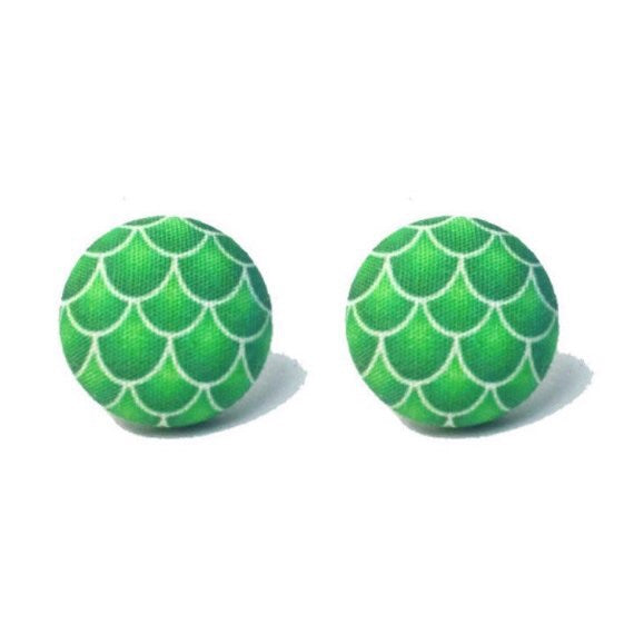 Green Mermaid Scale Fabric Button Earrings