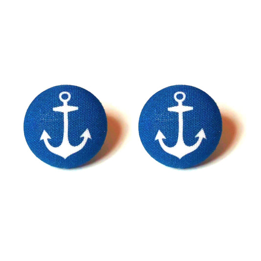 Navy Blue Anchor Fabric Button Earrings