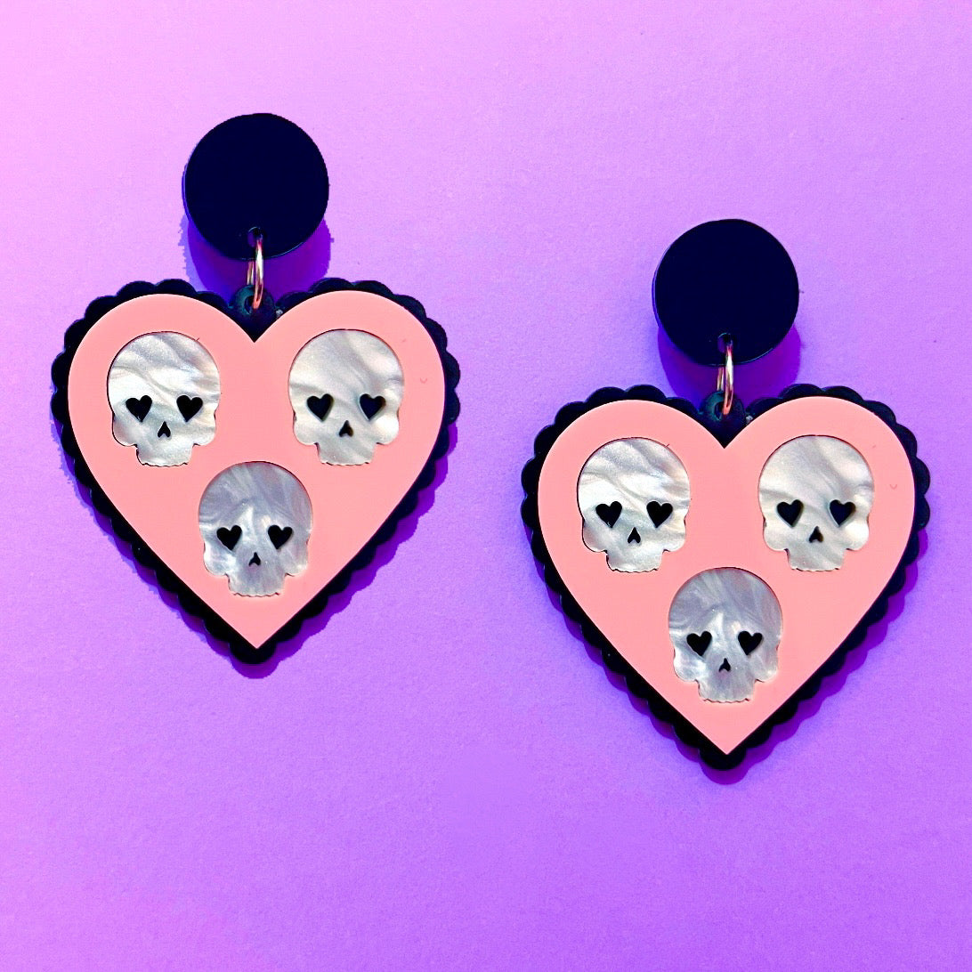 Pastel Pink Skull Heart Acrylic Drop Earrings