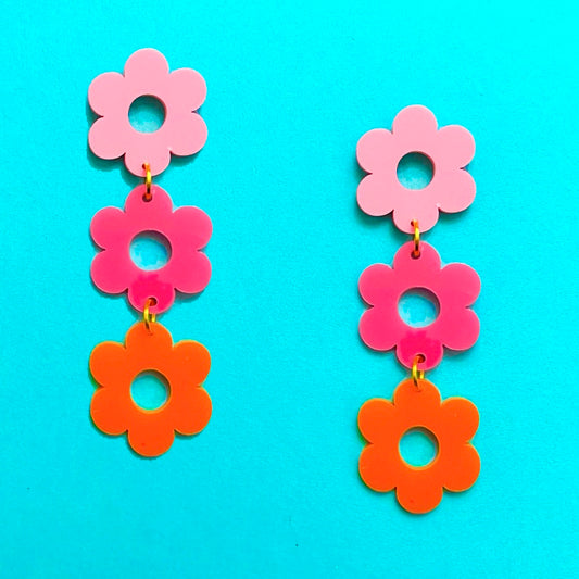Pink & Orange Tiered Retro Flower Acrylic Drop Earrings