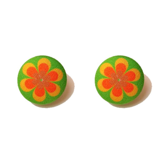 Orange, Yellow & Green Retro 60s Inspired Flower Fabric Button Earrings