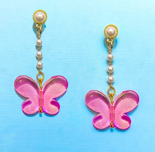 Pink Butterfly Hanging Drop Earrings