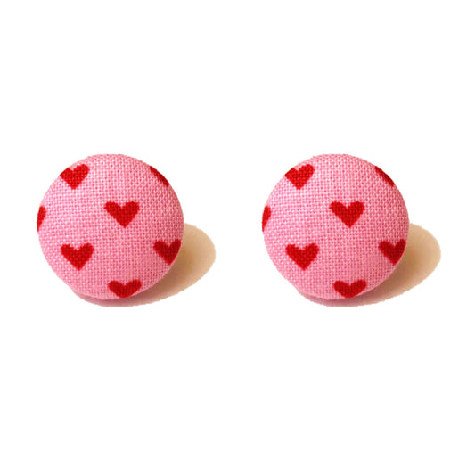 Pink & Red Heart Fabric Button Earrings