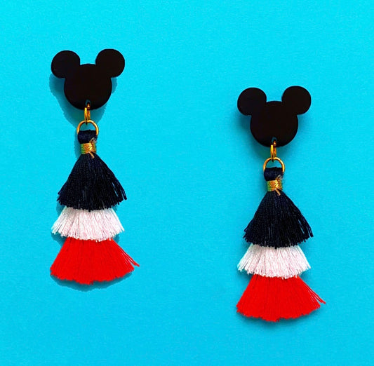 Red, White & Black Mouse Tassel Drop Earrings