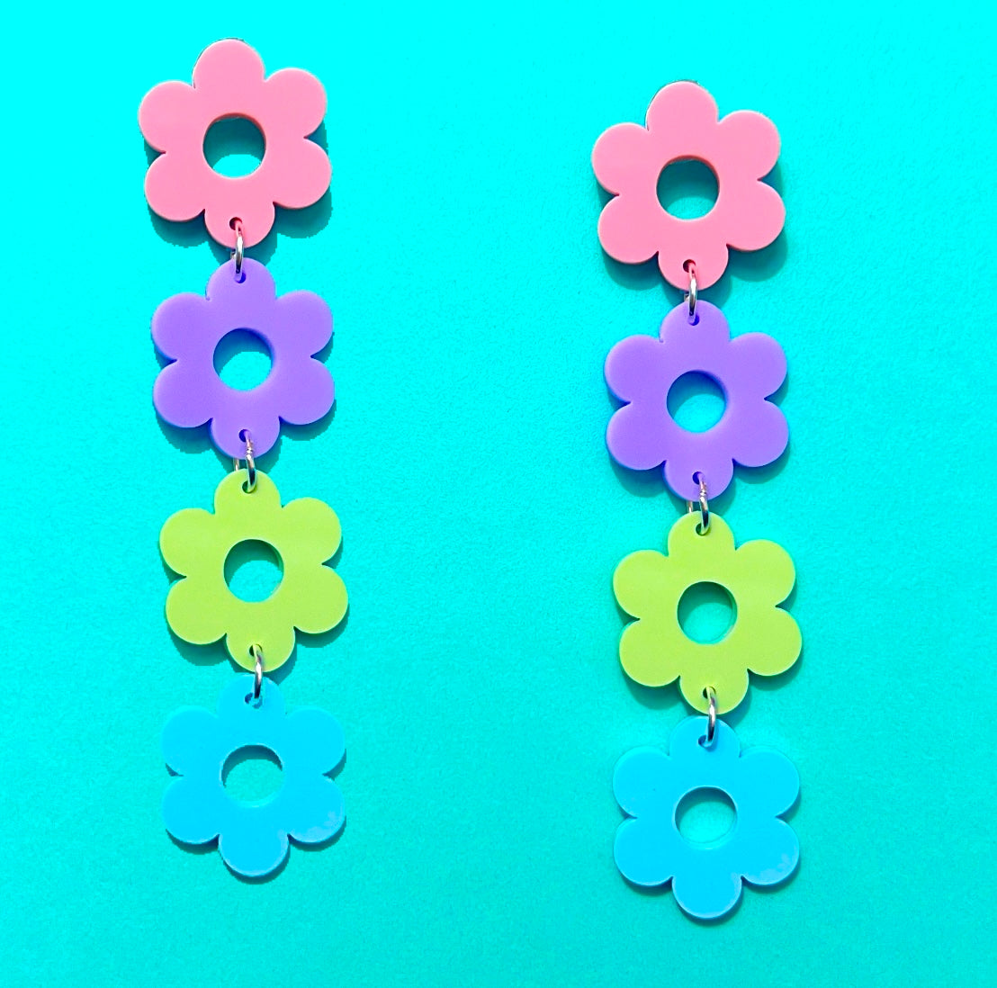 Pastel Retro Flower Tiered Acrylic Drop Earrings