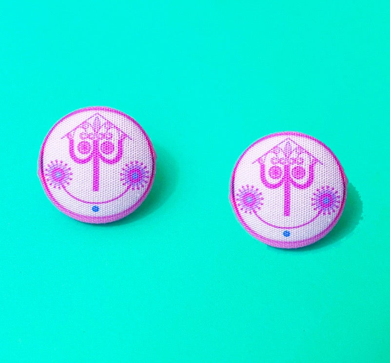 Pink Small World Clock Face Fabric Button Earrings