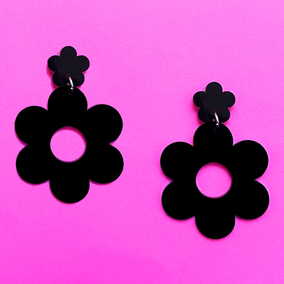 Black Retro Double Flower Acrylic Drop Earrings
