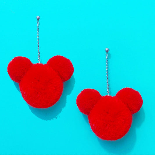 Red Mouse Yarn Pom Pom Hanging Drop Earrings