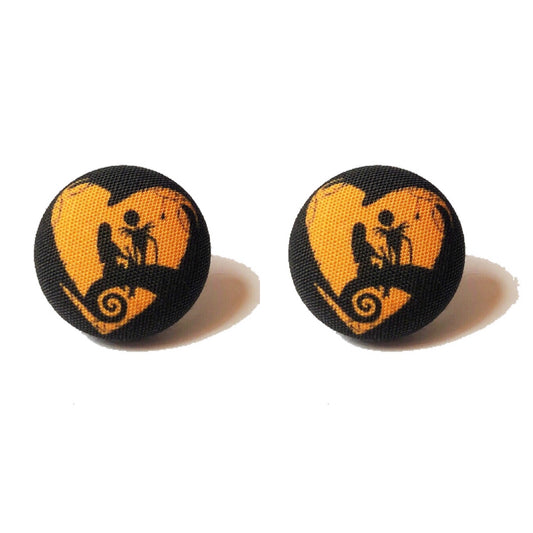 Jack & Sally Orange Heart Silhouette Inspired Fabric Button Earrings
