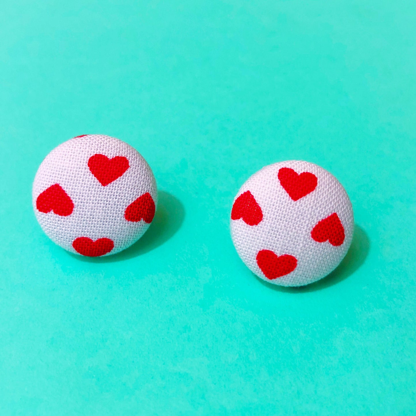 White & Red Heart Fabric Button Earrings