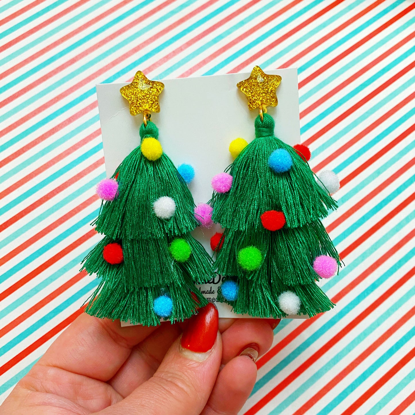 Christmas Tree Tassel Pom Pom Drop Earrings