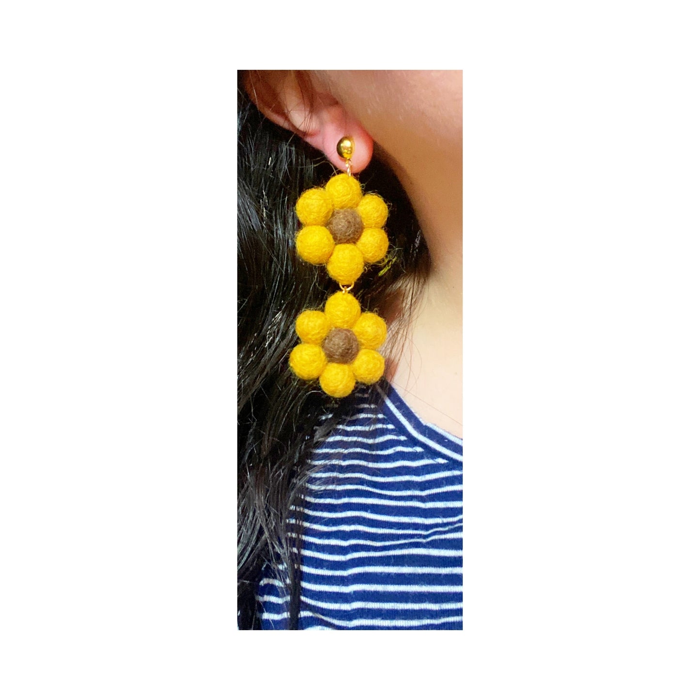 Sunflower Wool Felt Double Flower Drop Earrings