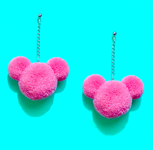 Rose Pink Mouse Yarn Pom Pom Hanging Drop Earrings