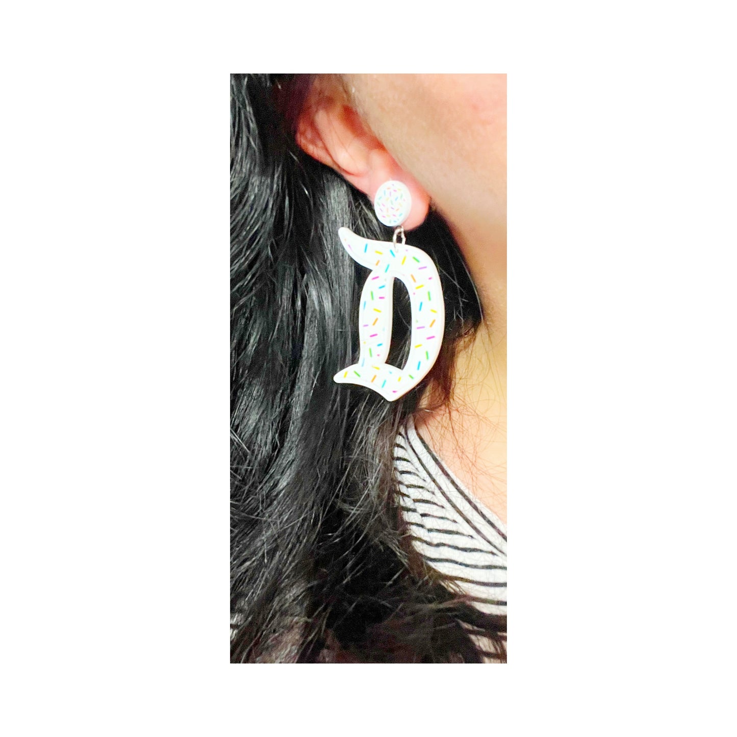 White Sprinkles Retro “D” Acrylic Drop Earrings