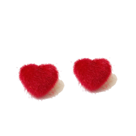 Red Pom Pom Faux Mink Heart Shaped Fabric Button Earrings