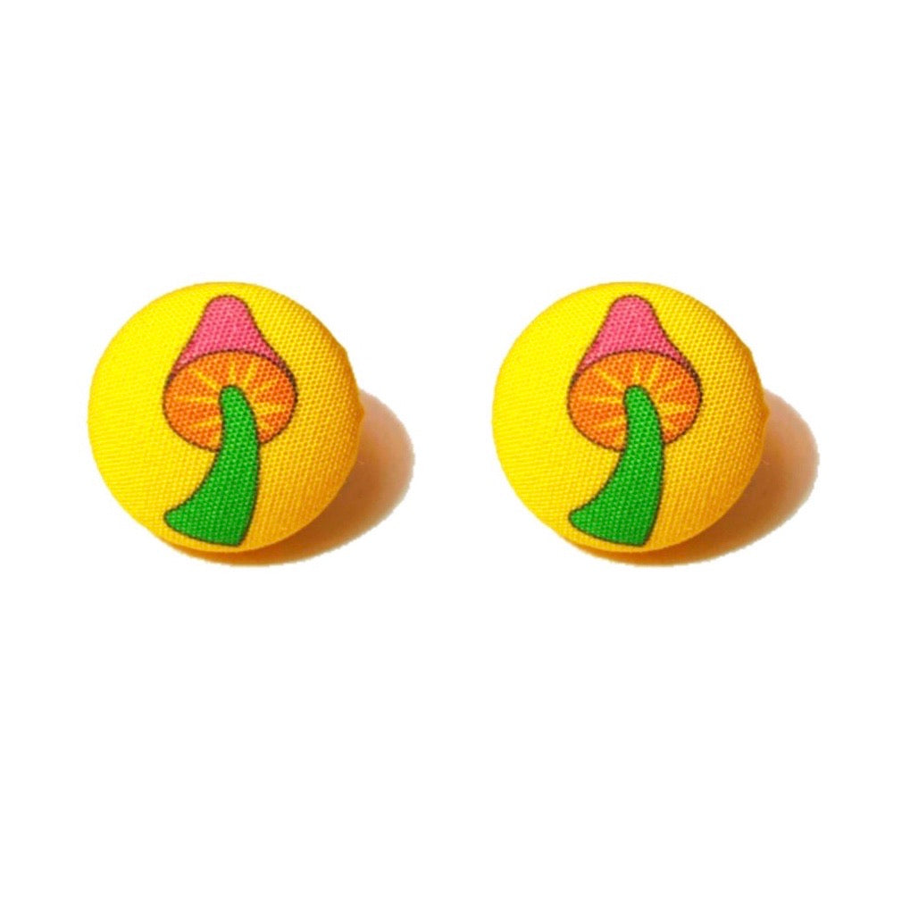 Psychedelic Mushroom Retro 60s Inspired Flower Fabric Button Earrings