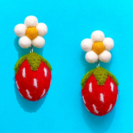 Red Strawberry & White Daisy Wool Felt Pom Pom Drop Earrings