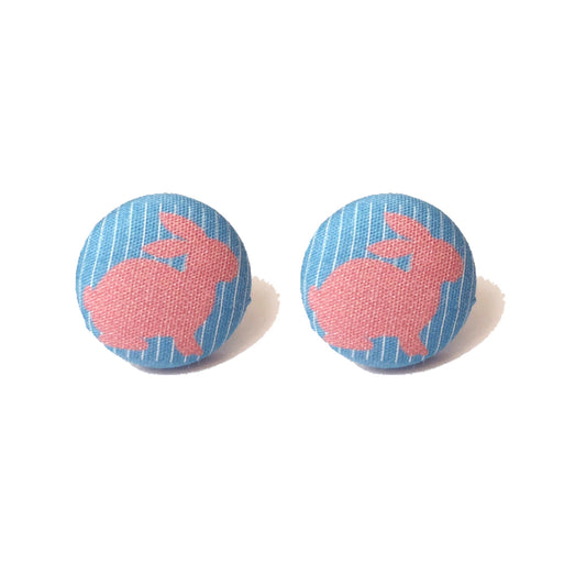 Pink Bunny Wallpaper Fabric Button Earrings