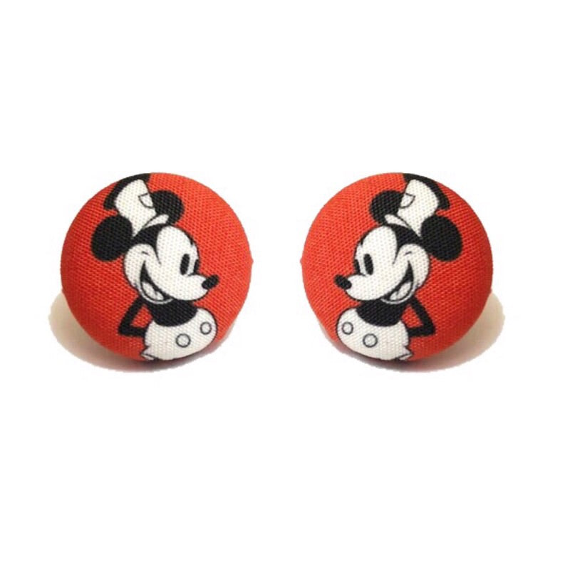 Red Steamboat Mouse Fabric Button Earrings