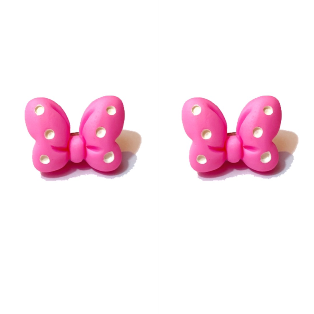 Bright Pink Polka Dot Mouse Bow Post Earrings