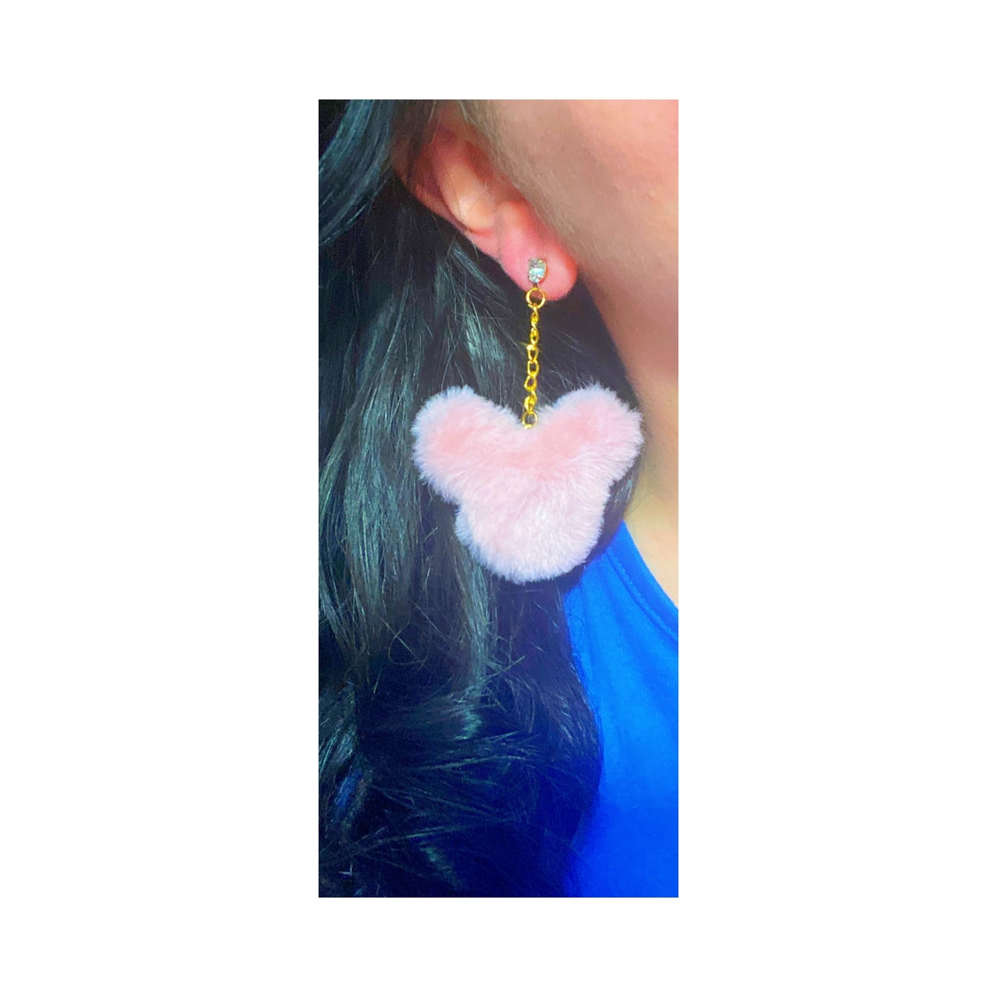 Blush Pastel Pink Plush Mouse Pom Pom Faux Mink Hanging Drop Earrings