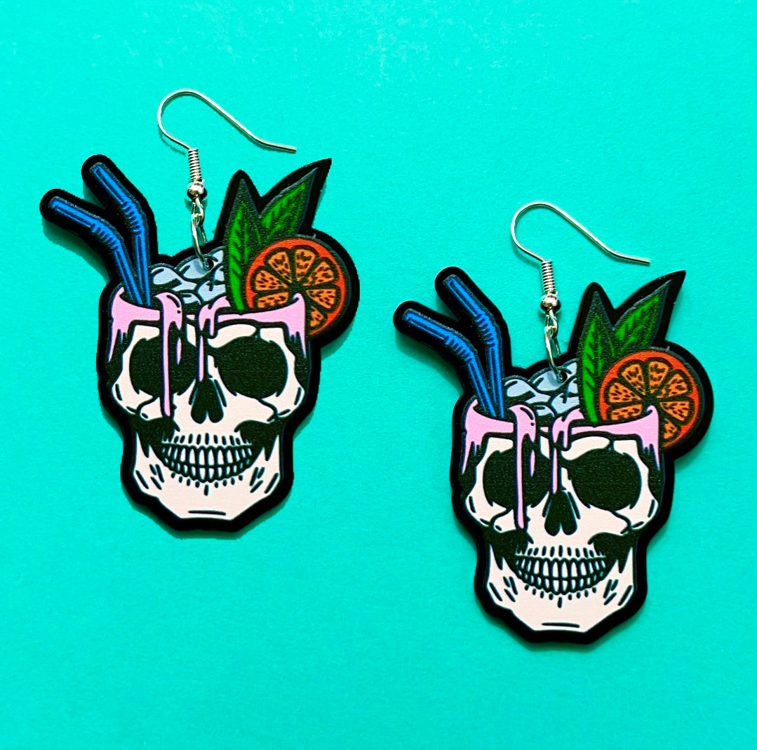 Spooky Skull Tropical Cocktail Acrylic Drop Earrings