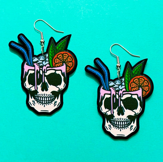 Spooky Skull Tropical Cocktail Acrylic Drop Earrings